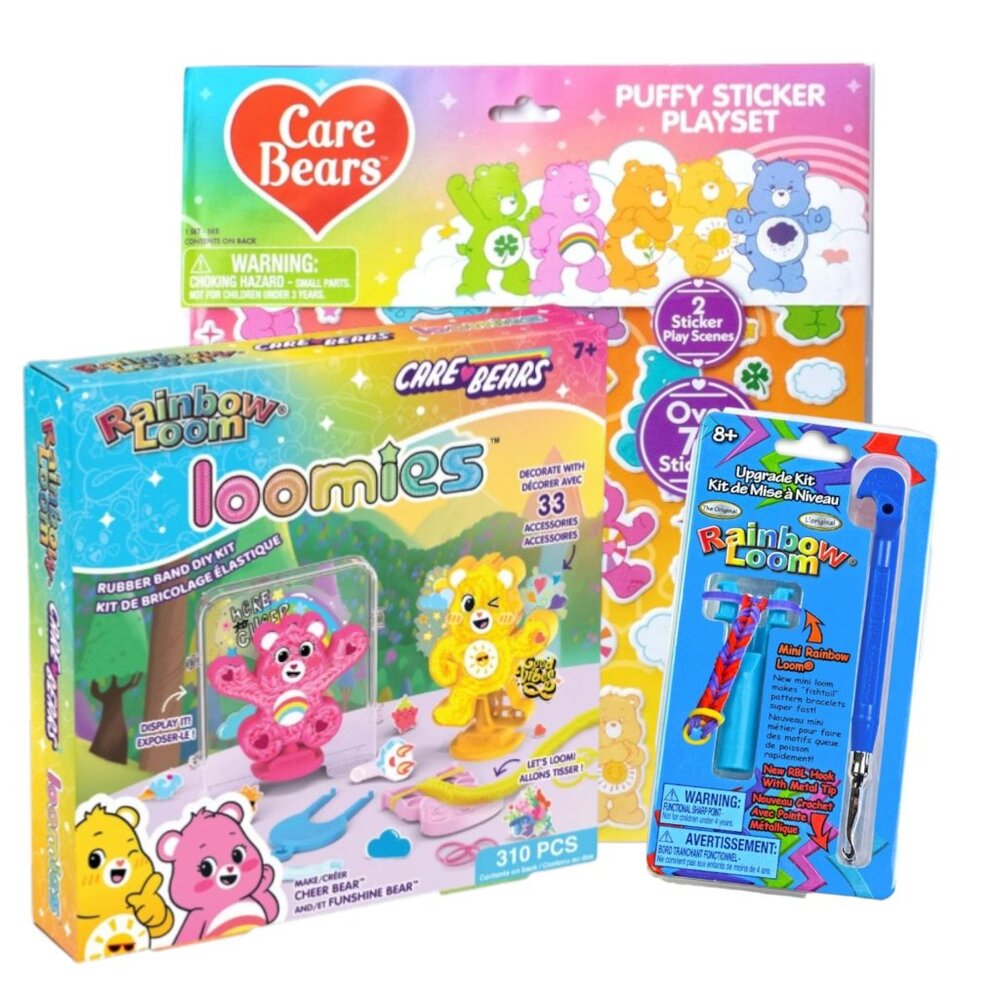 Rainbow Loom Care Bears Loomies Kit Upgrade Hook Puffy Sticker Playset Bundle